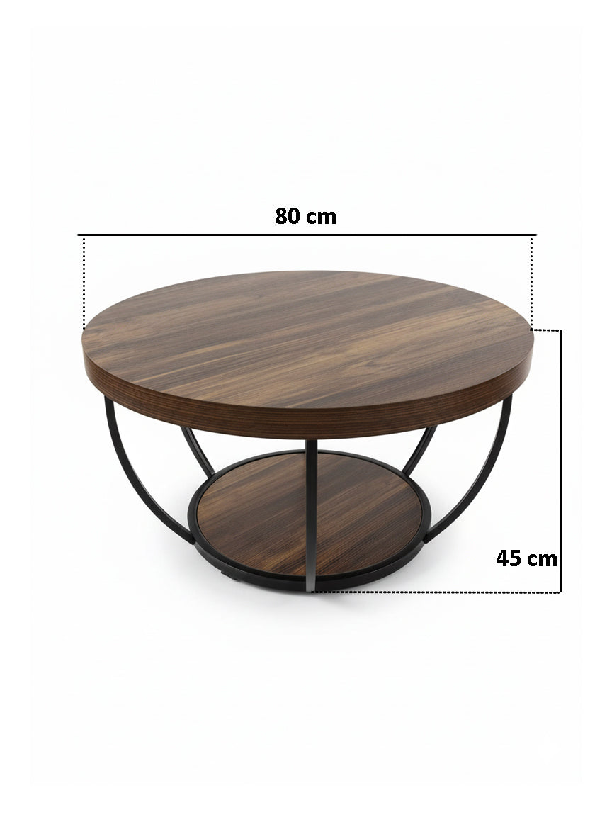 Dollcini Otthon Kerek Fa Dohányzóasztal Ipari Stílusban – Alsó Polccal