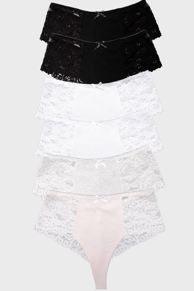 Dollcini ,Magas Derekú Női Bugyi ,Brazil Női Bugyi,Csipkés Női Bugyi -95% pamut + spandex,Többszínű,6 db-os Csomag