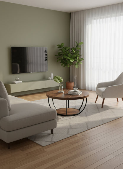 Dollcini Otthon Kerek Fa Dohányzóasztal Ipari Stílusban – Alsó Polccal