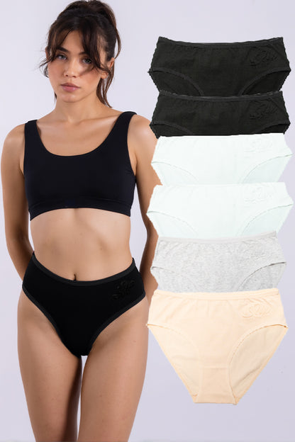 Dollcini, Klasszikus női bugyi, 95% Pamut + Spandex-Többszínű, 6 db-os Csomag