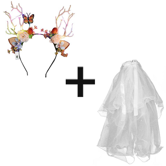 Dollcini Világító LED-es Szarvas Fejpánt – Fátyollal, Fehér